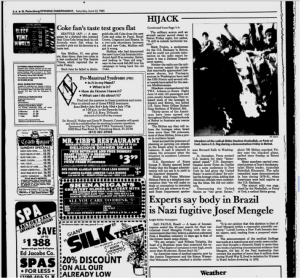 Above is a newspaper clipping from June 22, 1985, when Mengele's body was discovered in Brazil. The title reads "Experts say body in Brazil is Nazi fugitive Josef Mengele"