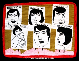 Notice that there both men and women are represented in this arpillera.  One woman is holding a baby; this is an acknowledgement that children were also taken.  This arpillera illustrates that no one is safe.  