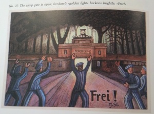 This watercolor depicts the exuberance felt by himself, and all the prisoners, when Buchenwald was liberated. "Hesse 140"