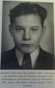 A picture of Jonathan Stark. A Witness who was executed at Sachsenhausen concentration camp at the age of 18. "Hesse 105"